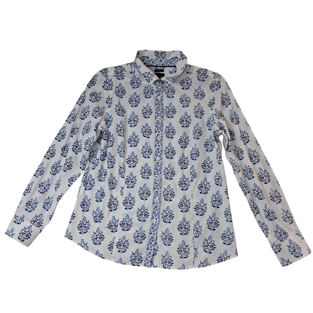 Talbots Shirt Womens 10 White Blue Button Up Floral Non-Iron Long Sleeve Office